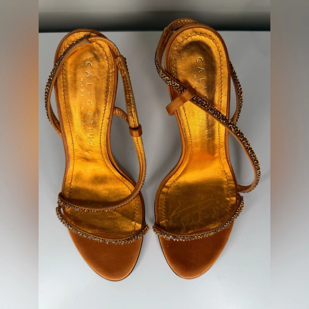 Caligarius Cometa Orange Satin Swarovski Crystal Heels Made in Italy Sz 37/ US 7 - Picture 6 of 12